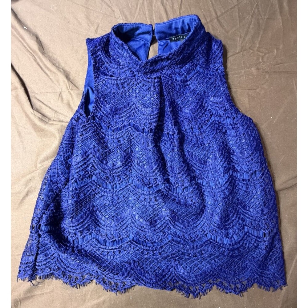 Haute Monde Women's Blue Lace Blouse Size Medium Scalloped Hem